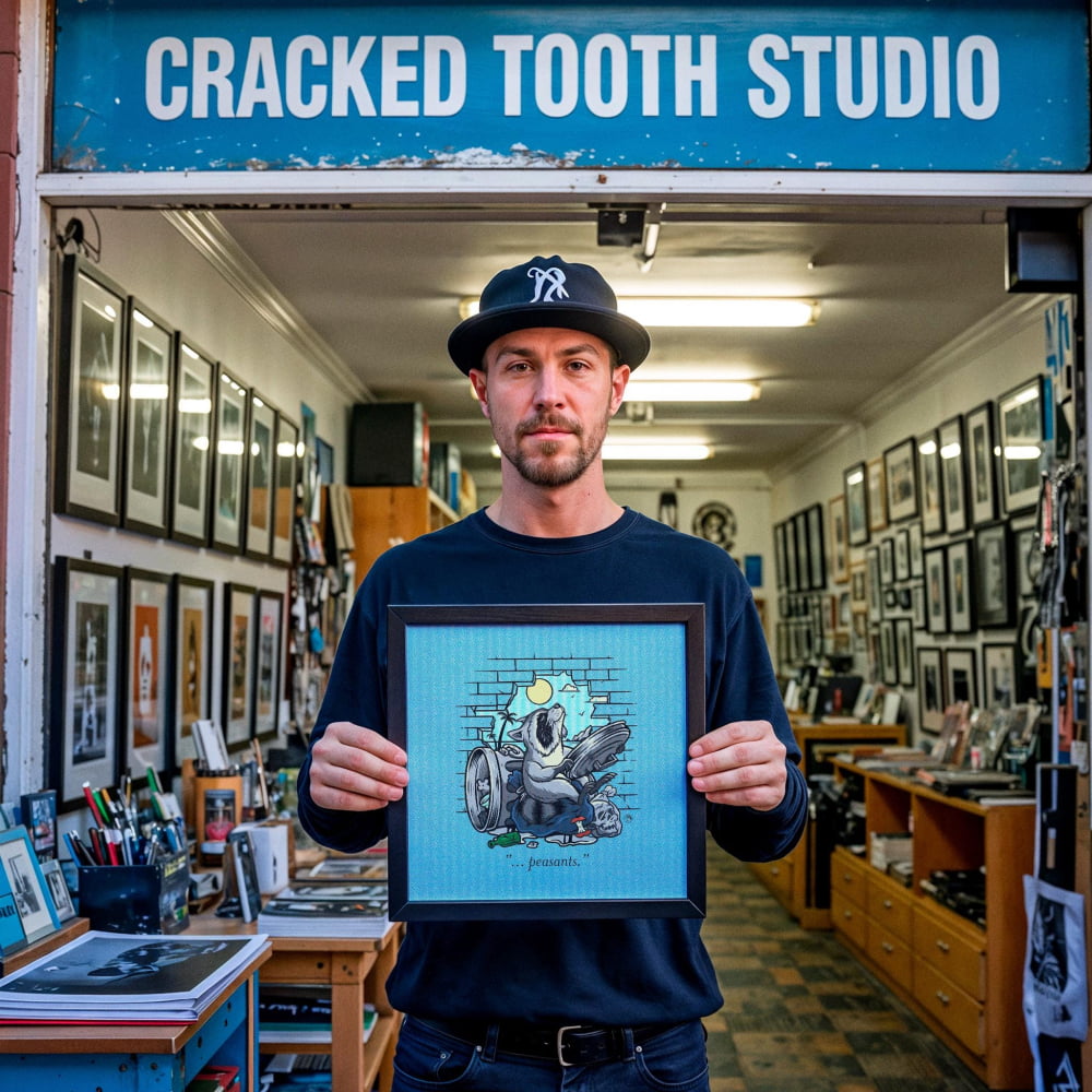 A man wearing a baseball cap and holding a framed illustration of a cartoon character stands in front of a store with a sign that reads "Cracked Tooth Studio".