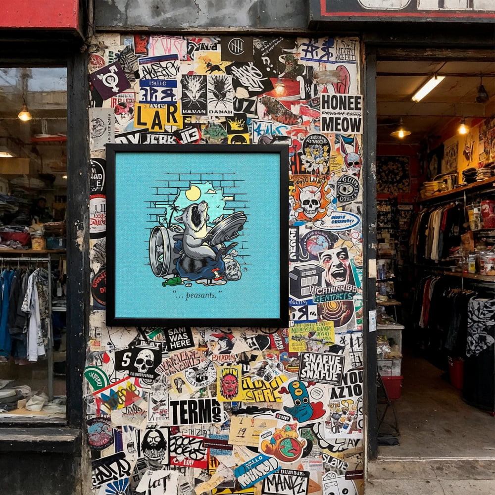 a wall covered in a collage of various stickers, posters, and graffiti, creating a visually busy and eclectic appearance.