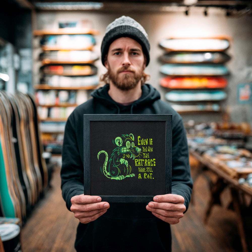 A man in a black hoodie holds up a framed image with a green and black design of a rat.