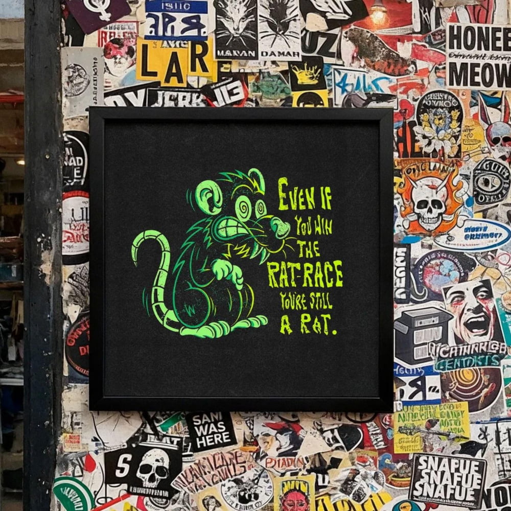 a black framed poster with a cartoon rat and text, hanging on a brick wall. There are three skateboards leaning against the wall, and a table with a can on it is visible in the foreground.