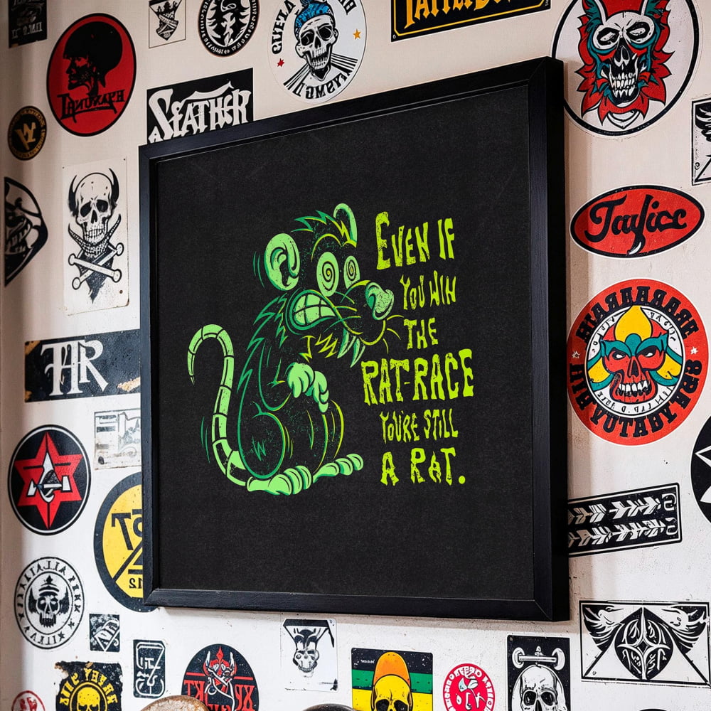a wall adorned with a variety of stickers, patches, and graffiti, including a framed image of a cartoon rat with a humorous caption.