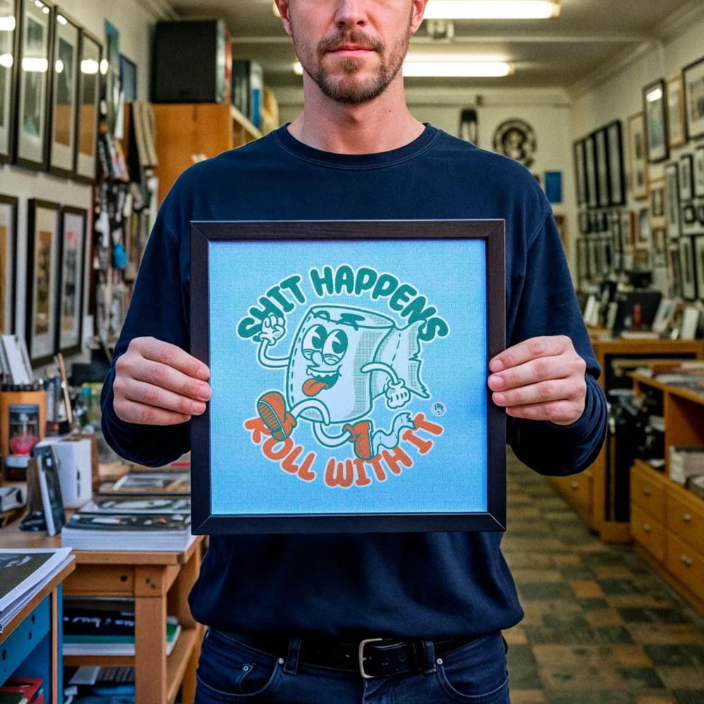 A man is standing in front of a store called "Cracked Tooth Studio" and holding up a framed poster with a cartoon character and text.