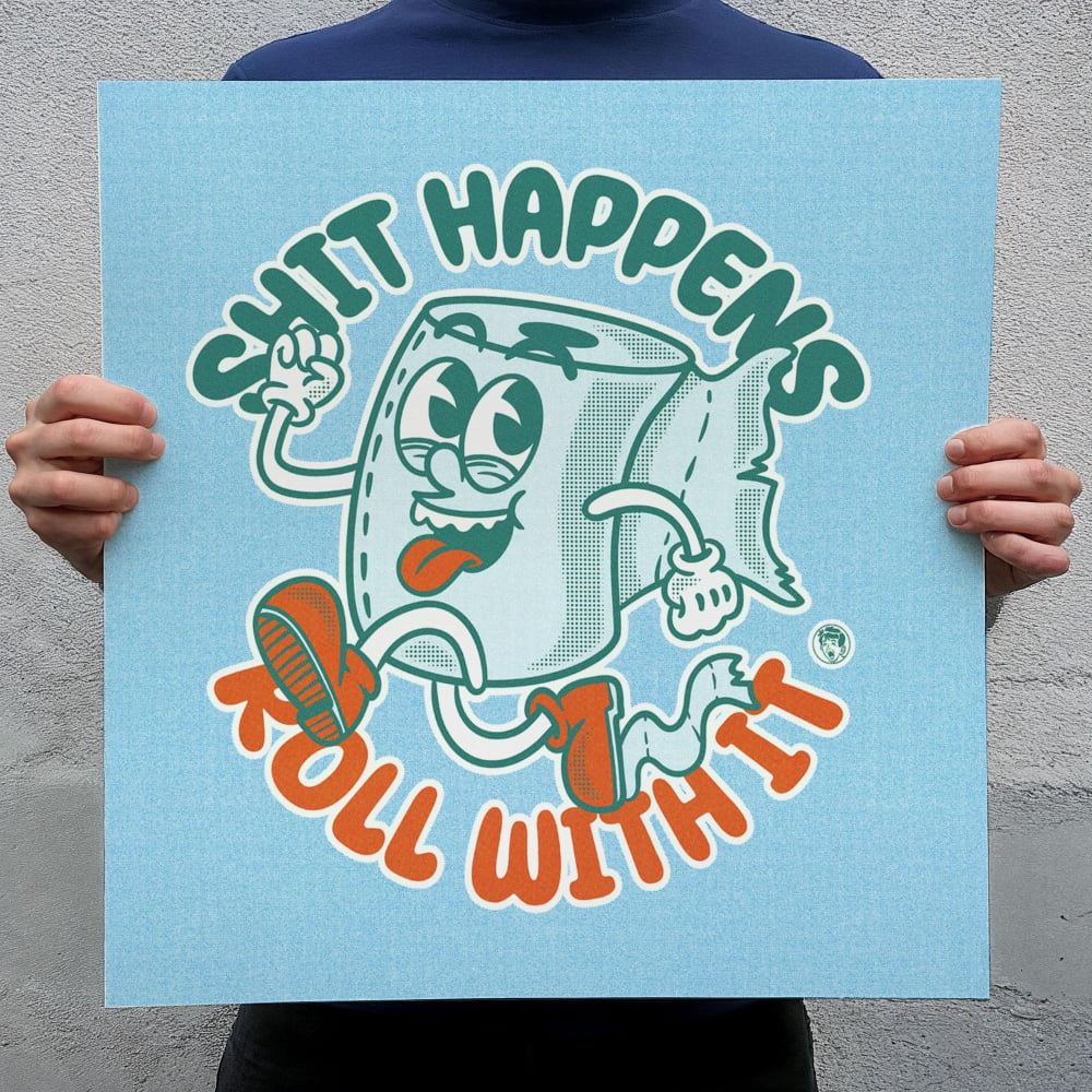 A person is holding up a blue sign with a cartoon character and text.