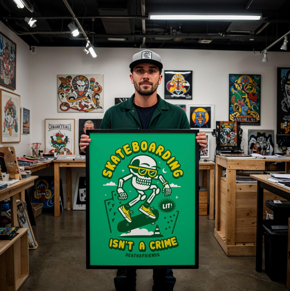 A man is holding up a framed poster with a cartoon-style illustration of a skeleton skateboarder and the text "Skateboarding isn't a crime" in a room filled with various artworks and furniture.