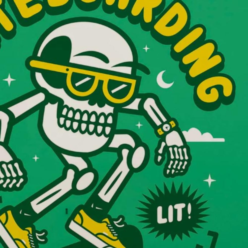A person is holding up a framed poster with a cartoon skeleton skateboarding and the text "Skateboarding isn't a crime" and "Deathbfriends" on it.