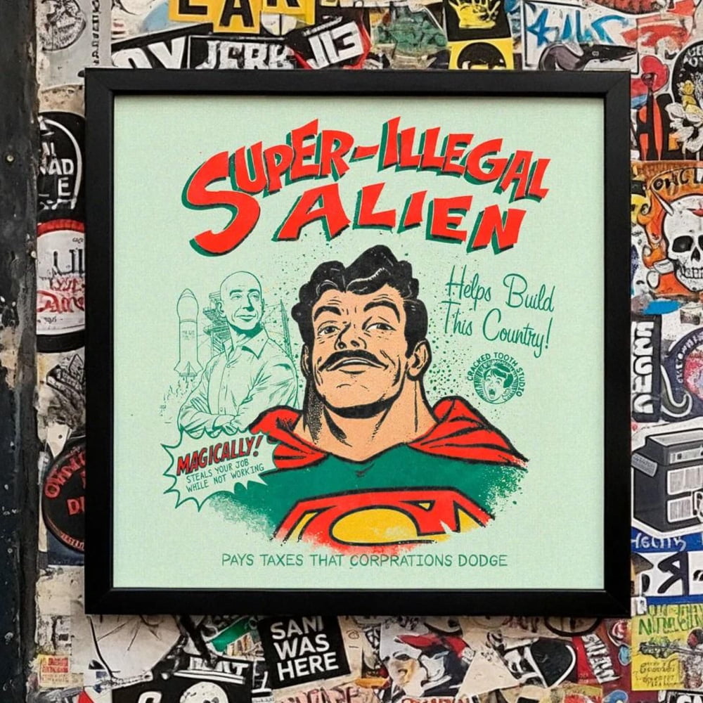 a wall covered in a collage of various stickers, posters, and graffiti, creating a visually busy and chaotic appearance.