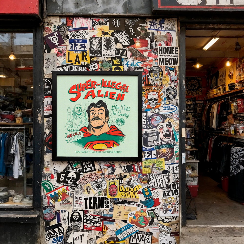 a wall covered in a collage of various stickers, posters, and graffiti, creating a visually busy and chaotic appearance.