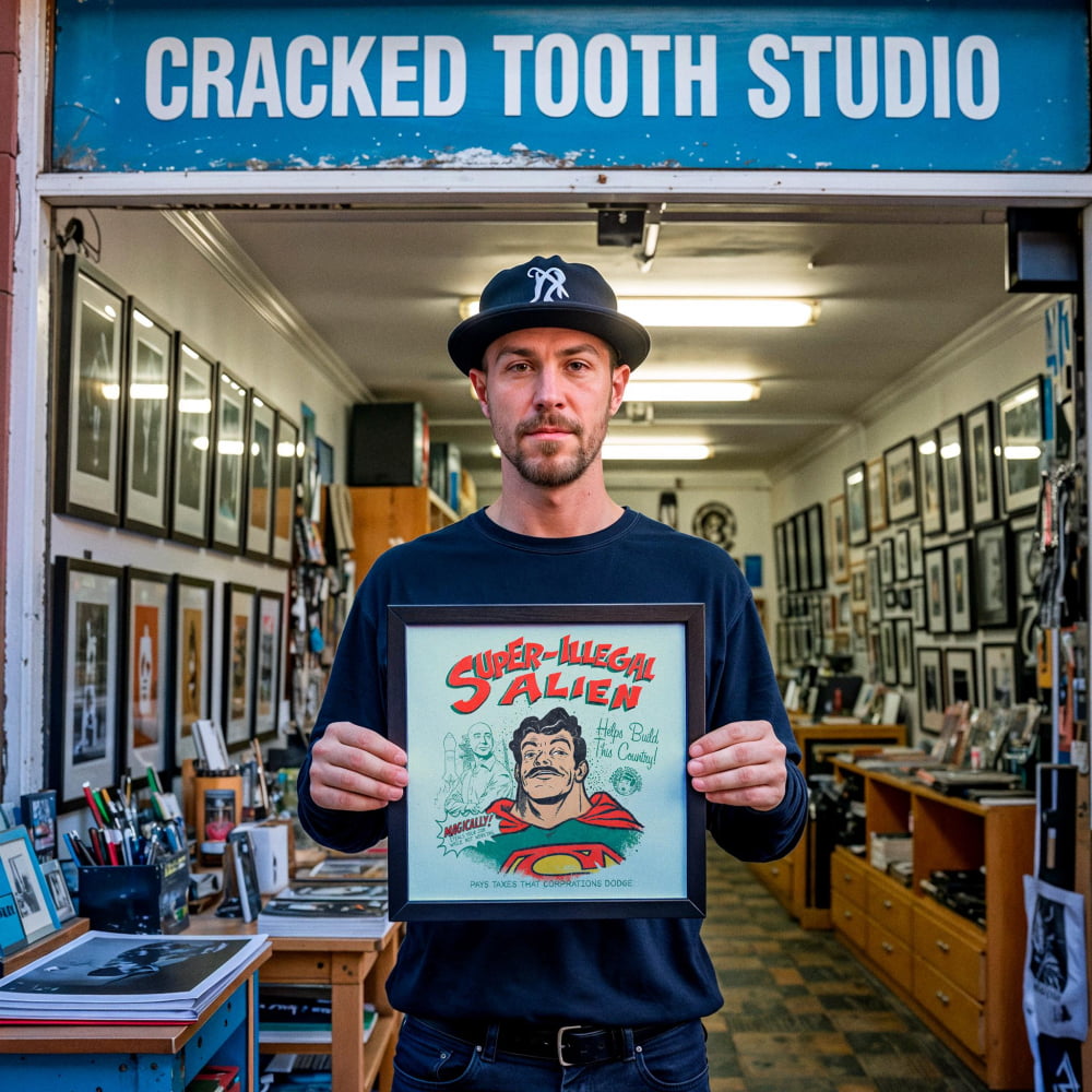 A man is standing in front of a store called "Cracked Tooth Studio" and holding up a framed comic book featuring a superhero character.