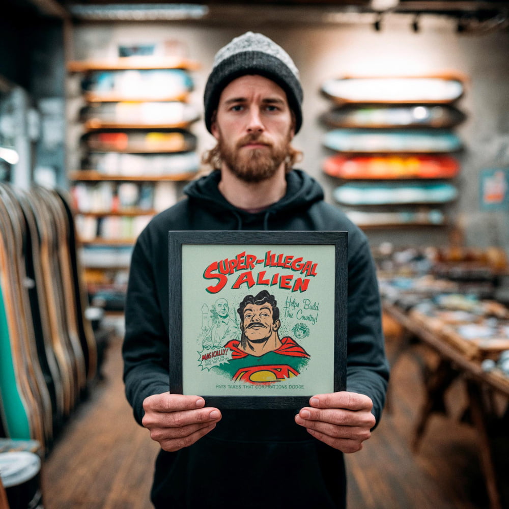 A man holding a framed comic-style artwork titled "Sleeping Alien" in a store.