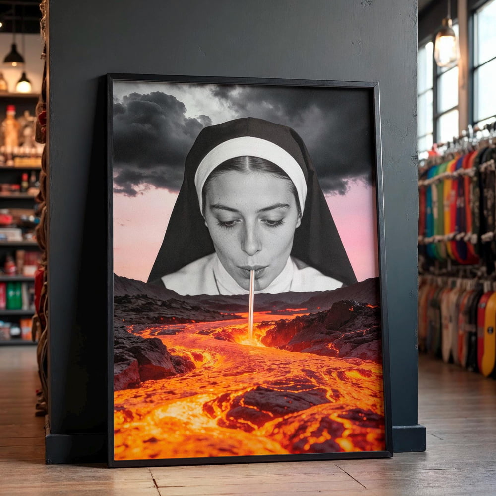 A framed collage depicting a nun blowing a pipe into a fiery landscape, with a dramatic sky in the background.
