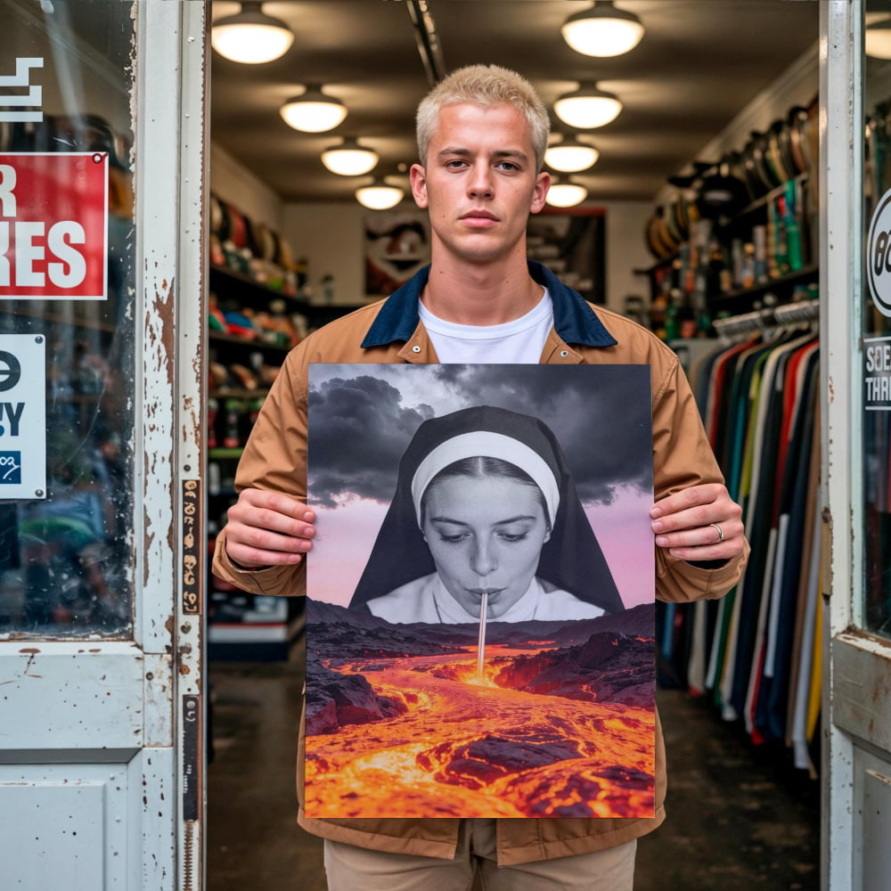 A young man holds a large print of a collage depicting a nun blowing a pipe into a fiery landscape.