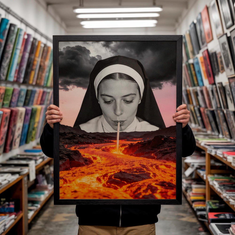 A person is holding up a framed collage depicting a nun with a stick in her mouth, with a fiery landscape in the background.