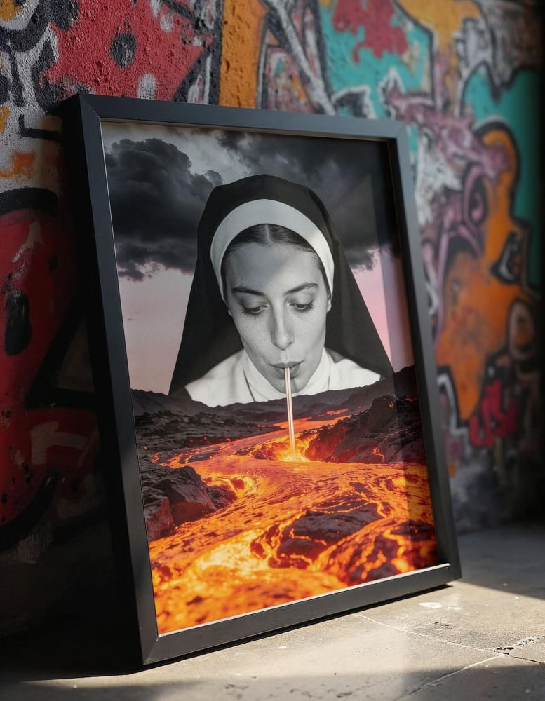 A framed collage depicting a nun blowing a pipe into a lava flow, with a dramatic and fiery landscape in the background.