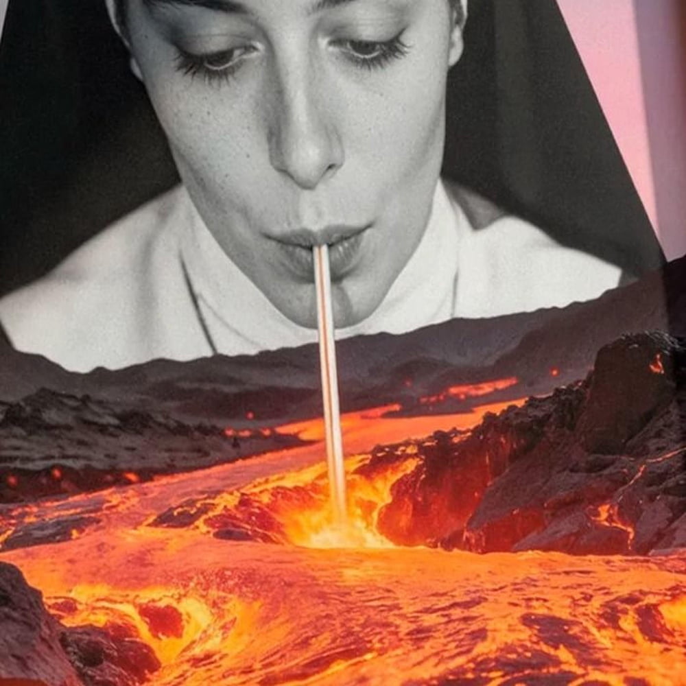 A framed collage depicting a nun blowing a pipe into a lava flow, with a dramatic and fiery landscape in the background.