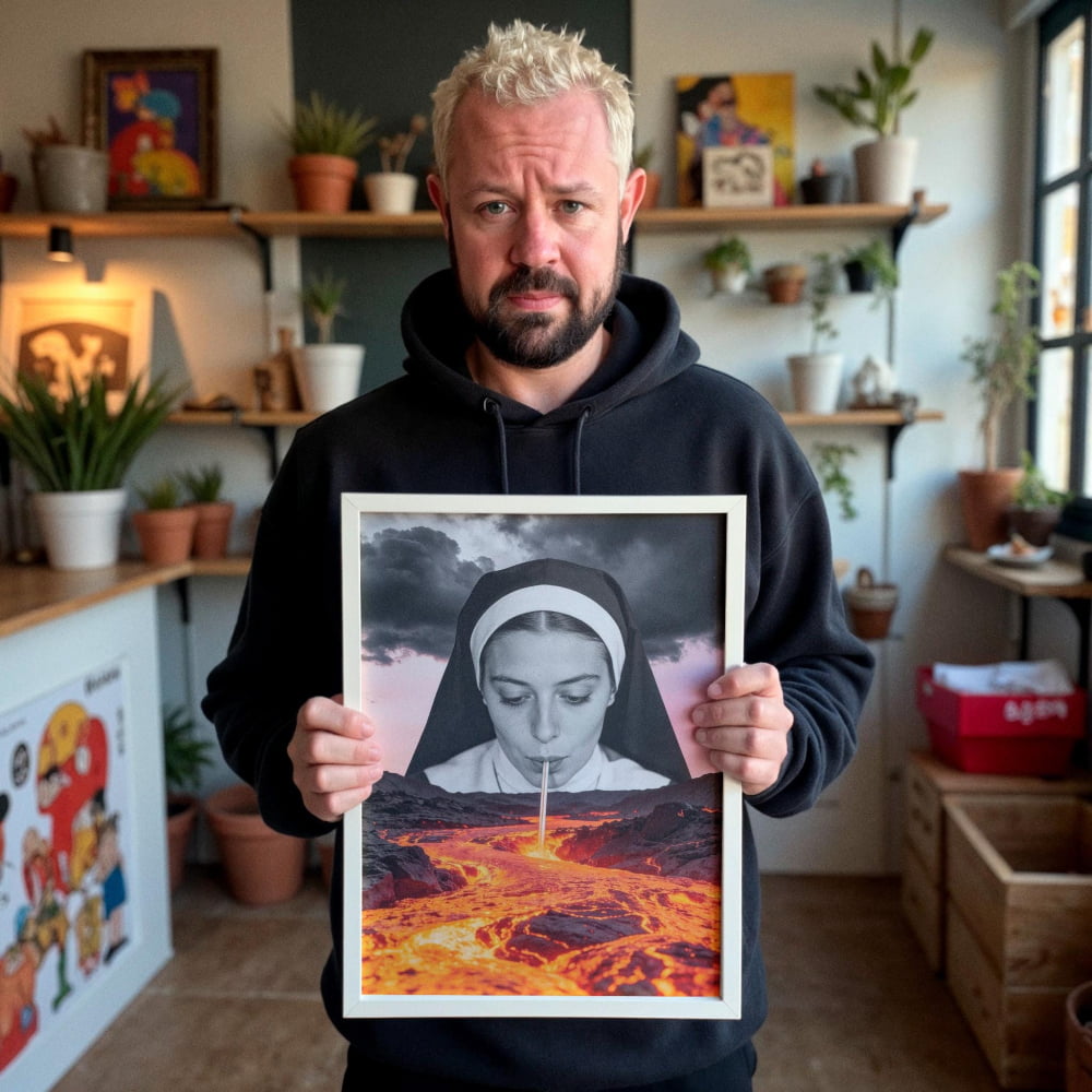 A man in a black hoodie holds up a framed image depicting a nun with a fiery landscape in the background.