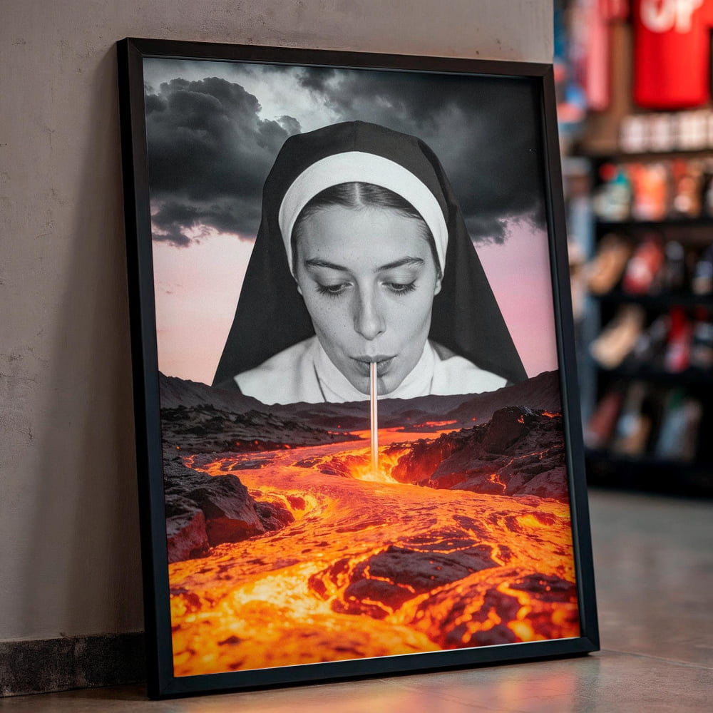 The image is a framed collage depicting a nun blowing a pipe into a lava flow, with a dramatic and fiery landscape in the background.
