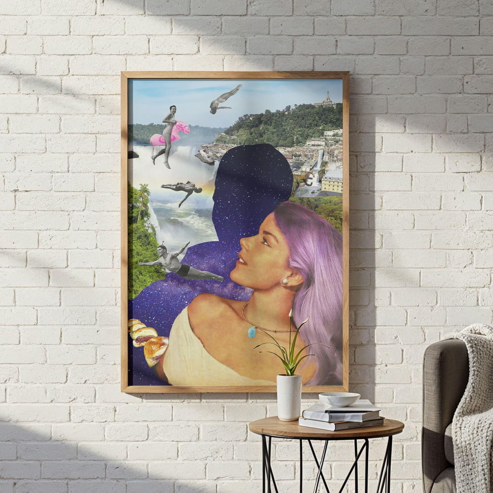 The image is a framed collage depicting a woman with purple hair, surrounded by various surreal and dreamlike elements, including floating figures and a starry night sky.