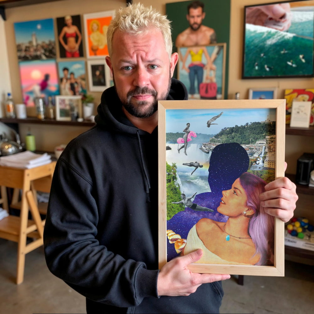 A man with a beard and a black hoodie is holding a framed picture of a woman with a pink hat and a blue dress, in an art studio with various paintings and sculptures on the walls.