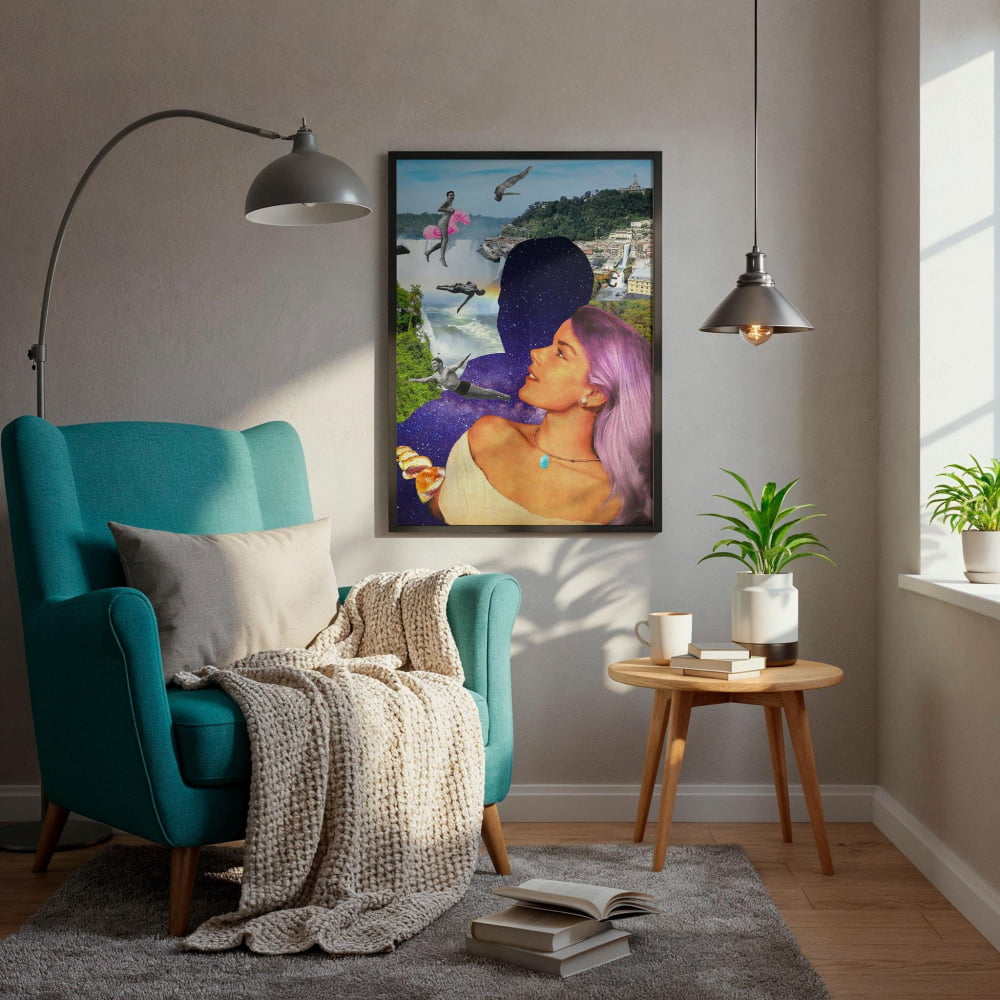 a cozy living room with a blue armchair, a wooden side table, and a framed collage of a woman's face surrounded by birds and flowers. The room is illuminated by natural light from a window, and there are potted plants and books on the table.