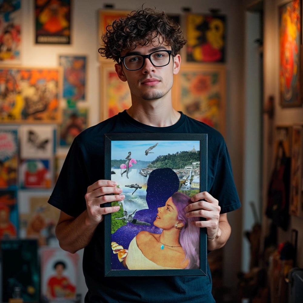 A young man with curly hair and glasses is holding up a framed picture of a woman with purple hair.