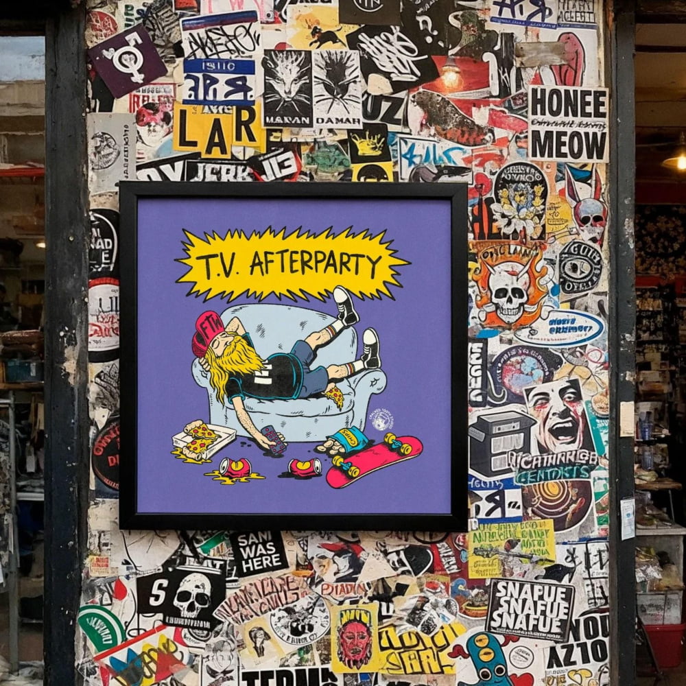 a wall covered in a collage of various stickers, posters, and graffiti, creating a visually busy and eclectic appearance.