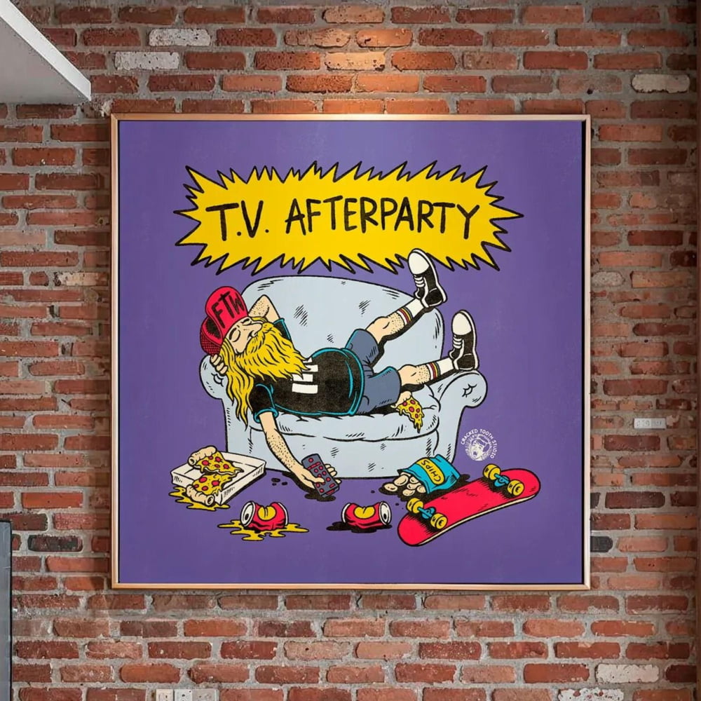 a dining area with a table and chairs, a large TV poster on the wall, and a brick wall in the background.