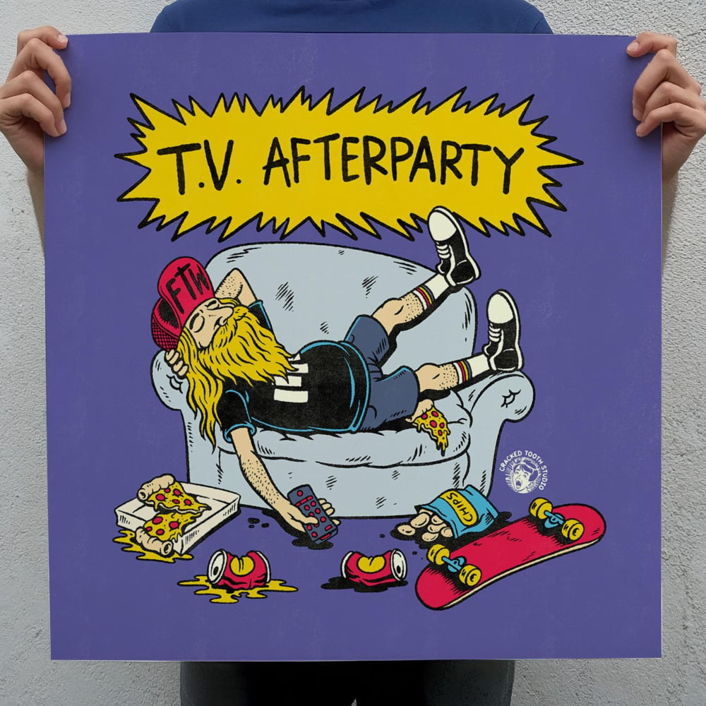 The image is a colorful illustration of a person lying on a couch with various objects around them, including a skateboard, pizza, and soda cans.