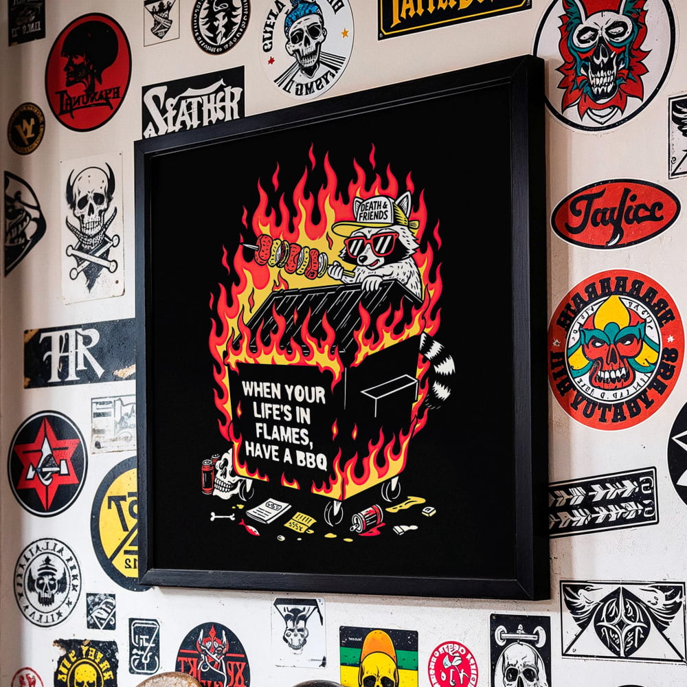 ’When your Life’s in flames...’ Funny BBQ Raccoon Poster –