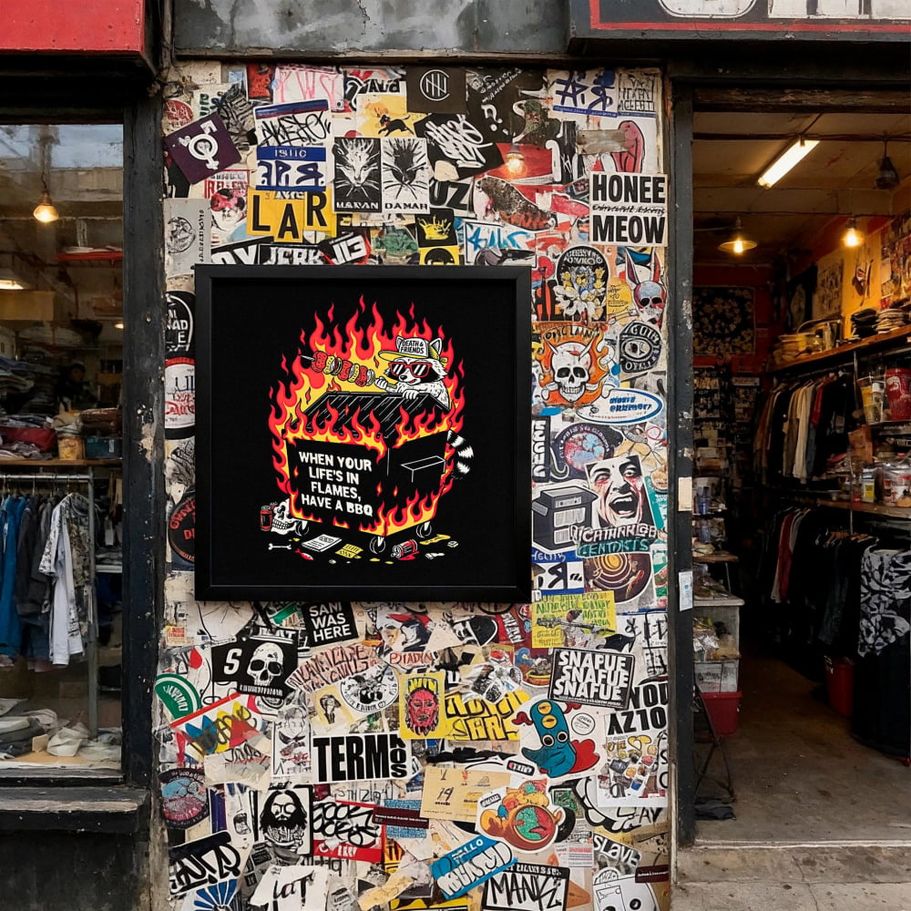 ’When your Life’s in flames...’ Funny BBQ Raccoon Poster –