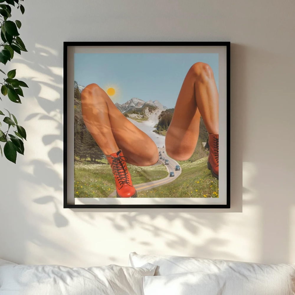 a bedroom scene with a bed, a framed picture of a woman's legs, and a plant on the wall.