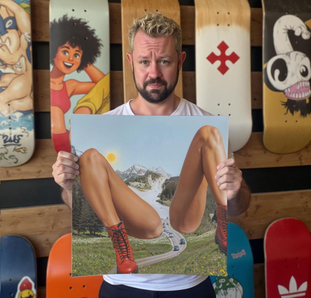 A man is holding a large print of a collage featuring a woman's legs and a scenic landscape.