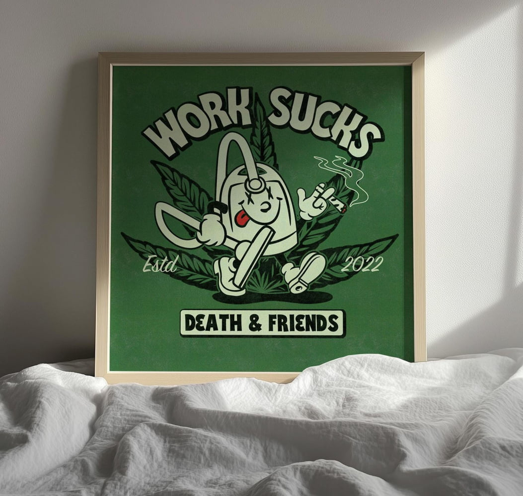 a framed poster with a cartoon character and text on a green background.