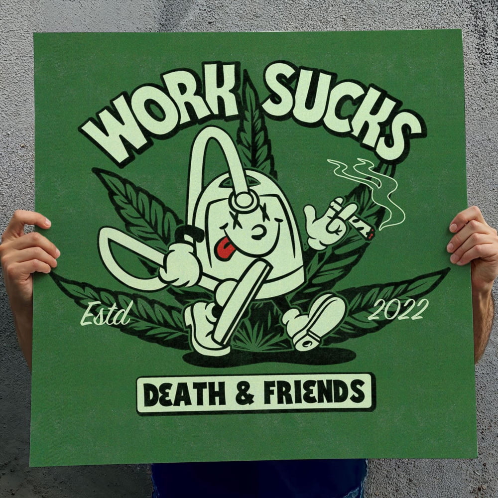 a person holding up a green poster with a cartoon character and text.