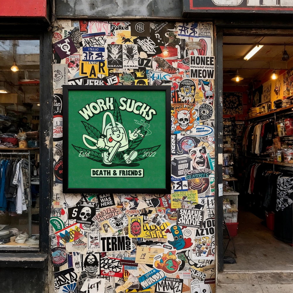a wall covered in a collage of various stickers, posters, and graffiti, creating a visually busy and eclectic appearance.