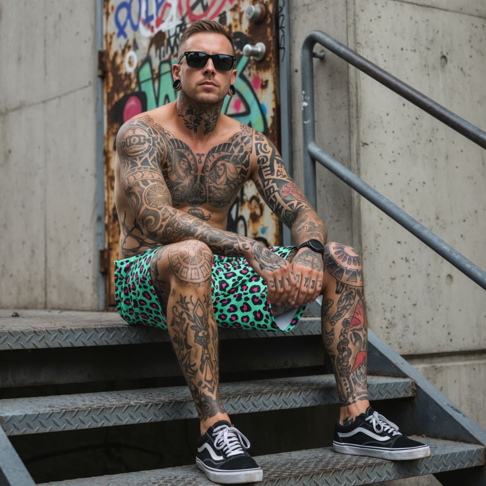 Leopard Teal & Pink Swim Shorts - Death and Friends - Goth