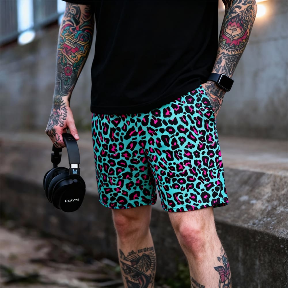 Leopard Teal & Pink Swim Shorts - Death and Friends - Goth
