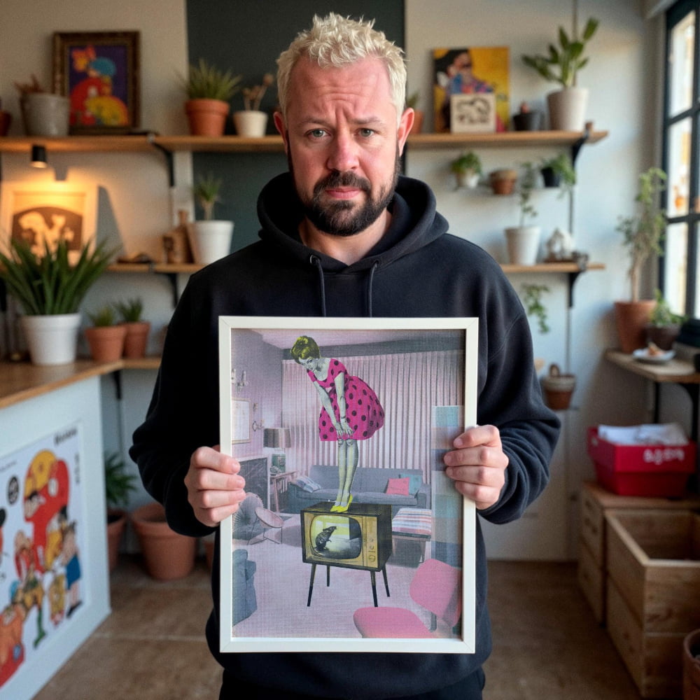 A man holding a framed collage of an illustration depicting a woman in a pink dress standing in a room with a television and other objects.