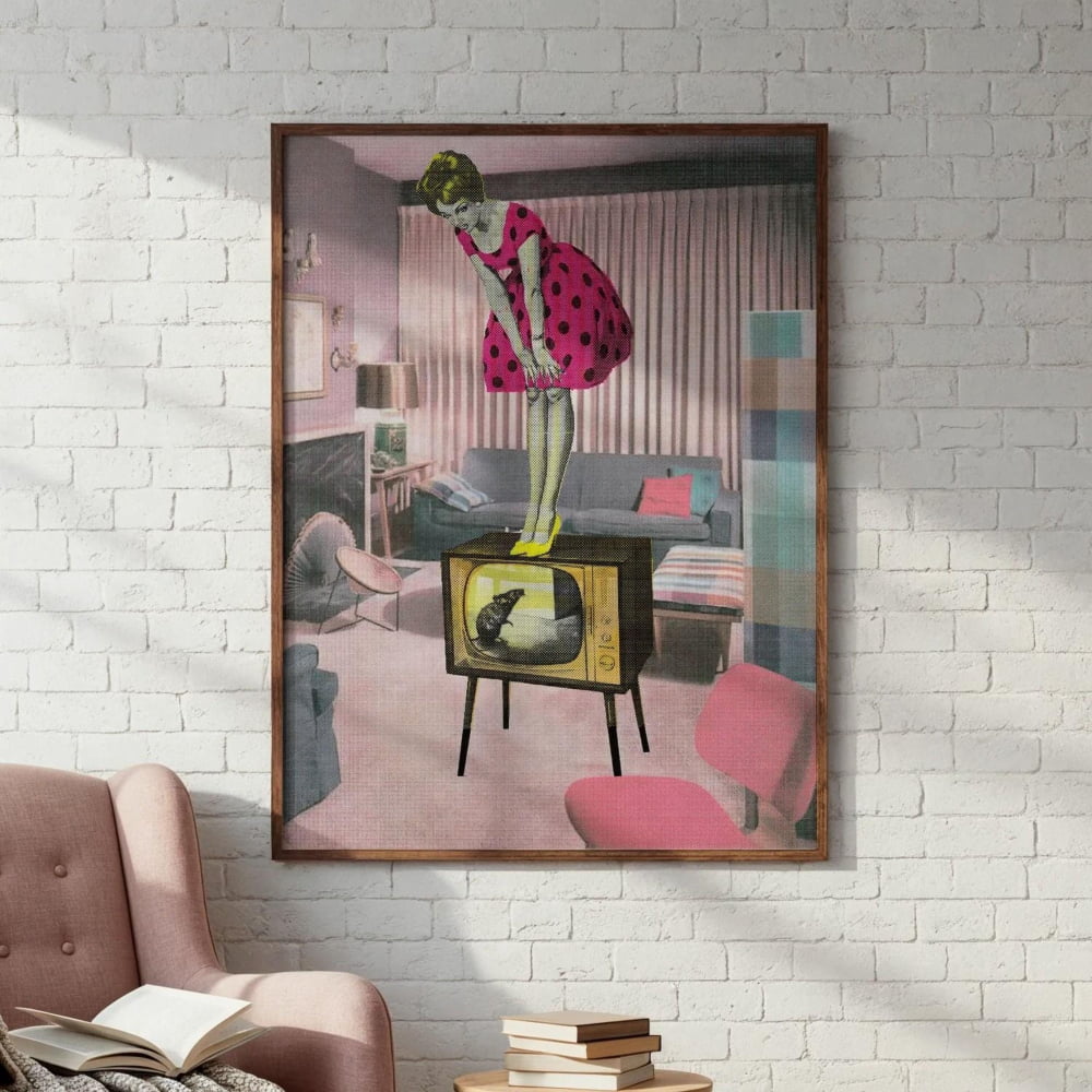 a pink polka dot dress and a yellow television set, with a woman standing on top of the television set in a living room setting.