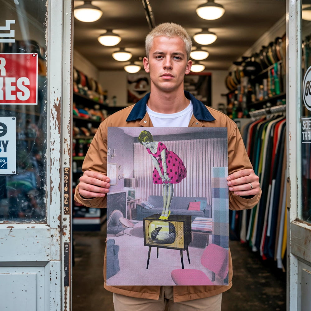 A young man is holding up a framed print of a colorful, surreal collage depicting a woman in a pink dress standing on a television set in a room with various objects.