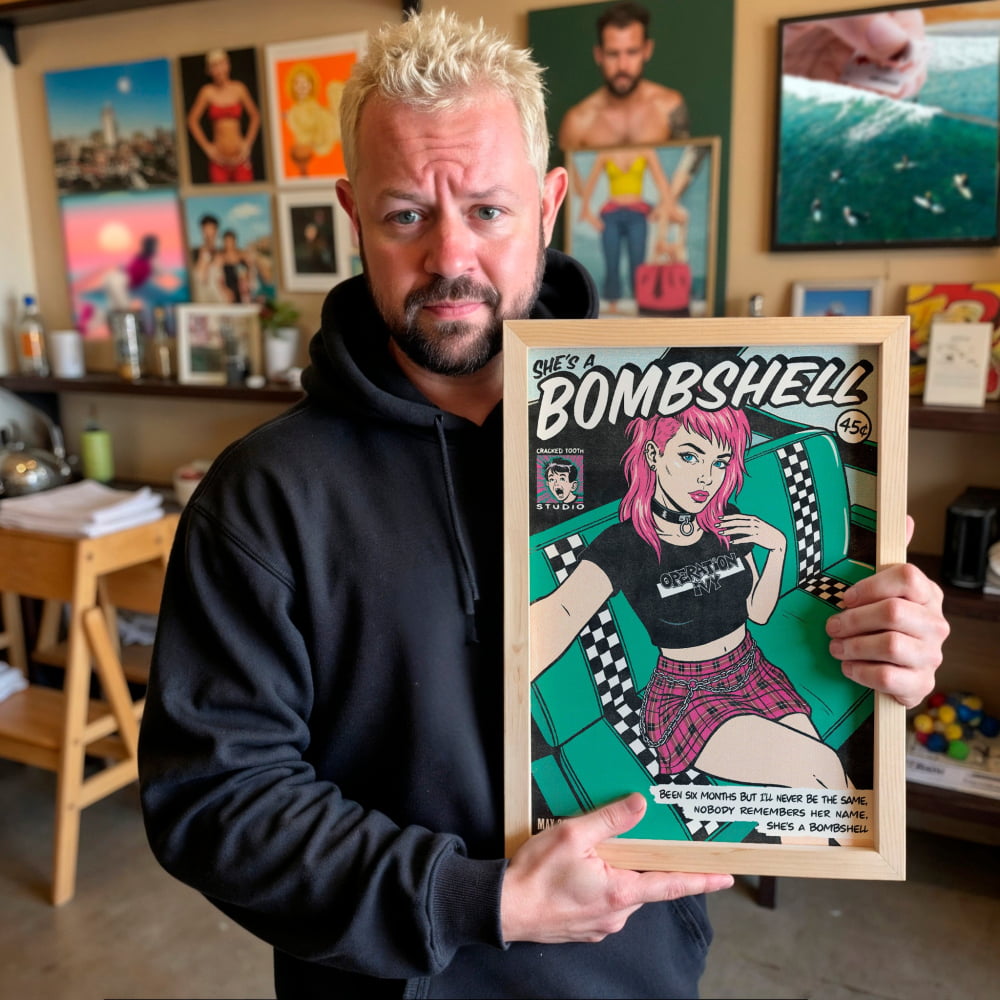 A man holding a comic book titled "One's a BOMBSHELL" in a room filled with various artworks and memorabilia.